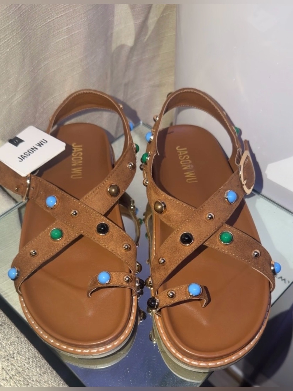 JASON WU Tan Suede Crossover Sandals with Multicolor Studs - Picture 6 of 11